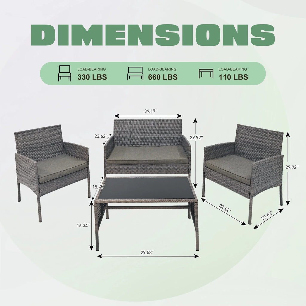 4 Piece Wicker Patio Conversation Furniture Set with Glass-Top Coffee Table & Gray Cushions L518