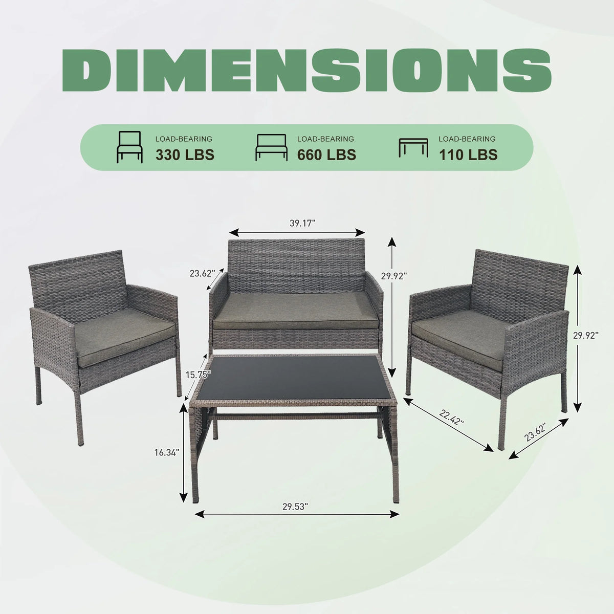 4 Piece Wicker Patio Conversation Furniture Set with Glass-Top Coffee Table & Gray Cushions L518