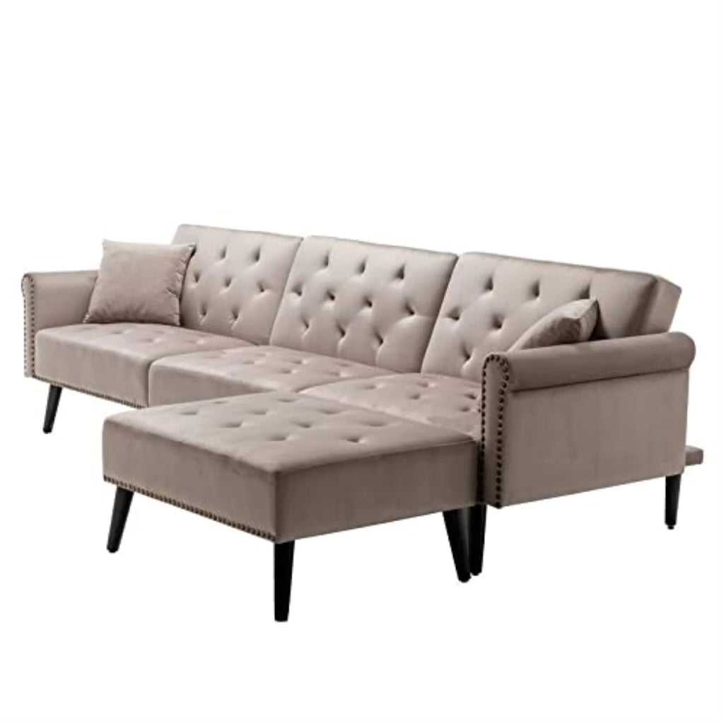 Silver Gray Velvet Sofa Bed with Ottoman and 2 Accent Pillows M799