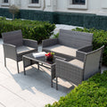 4 Piece Wicker Patio Conversation Furniture Set with Glass-Top Coffee Table & Gray Cushions L518