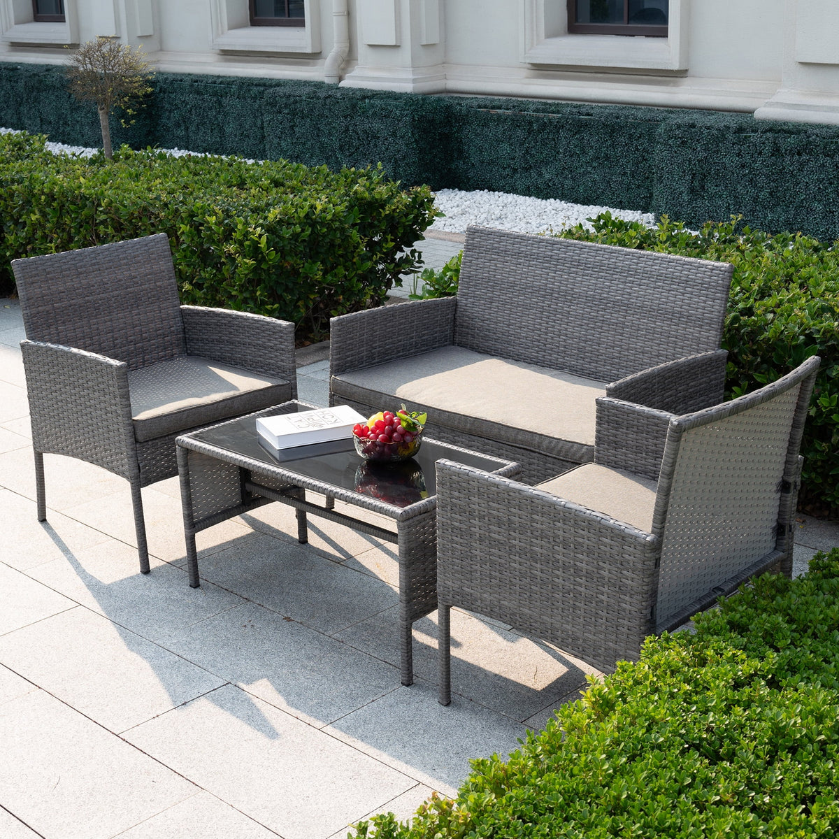 4 Piece Wicker Patio Conversation Furniture Set with Glass-Top Coffee Table & Gray Cushions L518