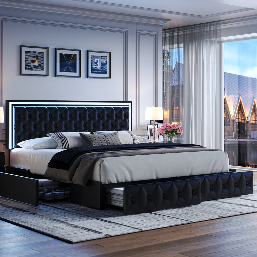 Queen LED Platform Bed Frame with 4 Storage Drawers V5747