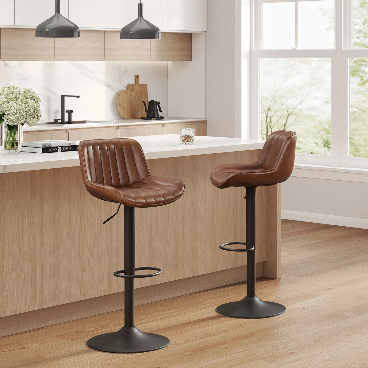 Cognac Faux Leather Swivel Bar Stools Set of 2 with Backrest V84562