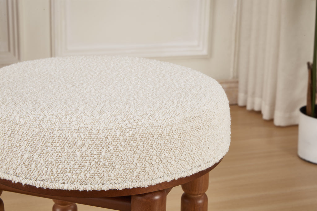 White Upholstered Boucle Vanity Stool with Wood Legs G336