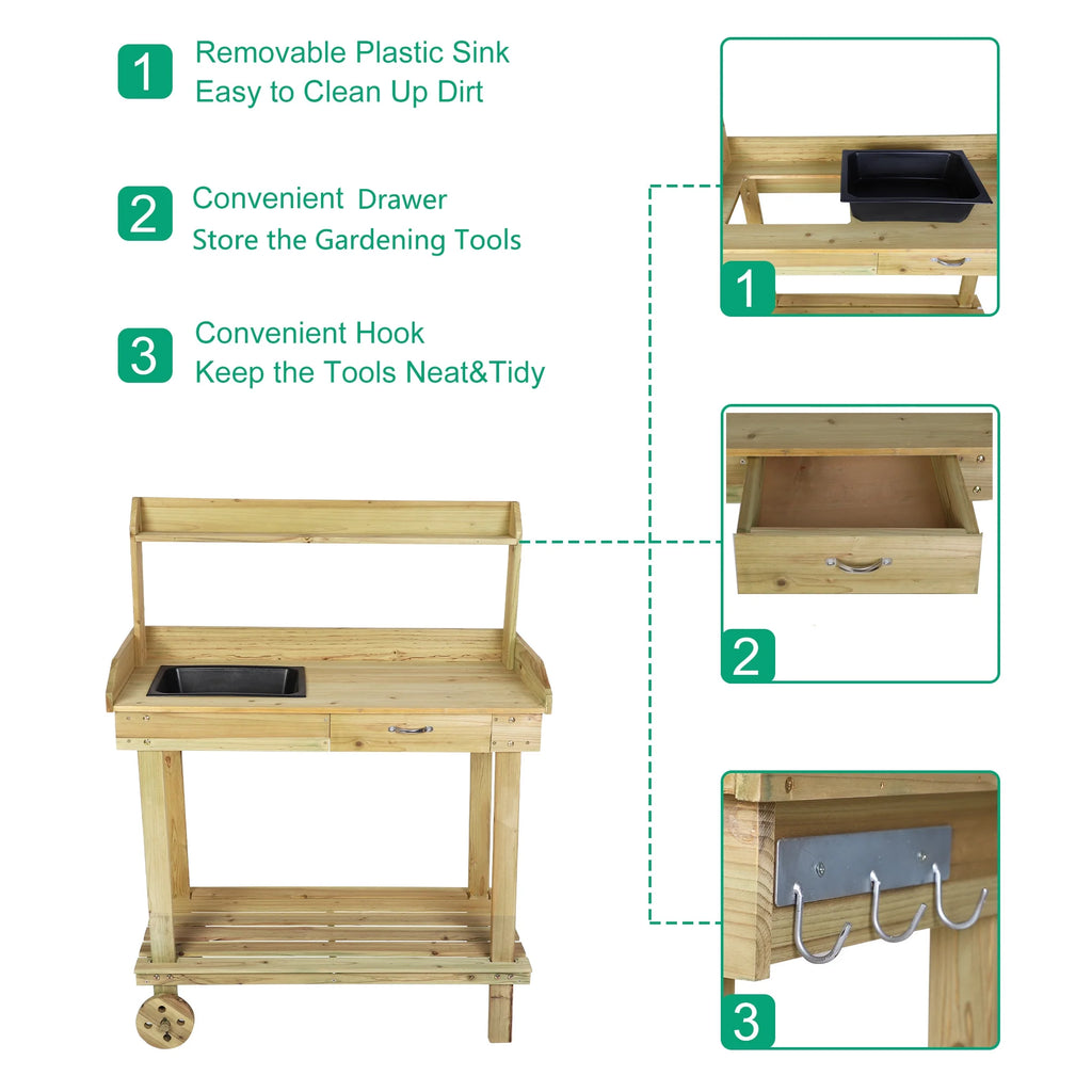 Wooden Potting Bench Table with Wheels and Drawer B651712