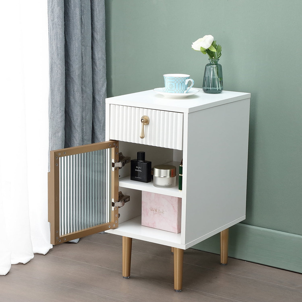 White Narrow Nightstand with Drawer I347