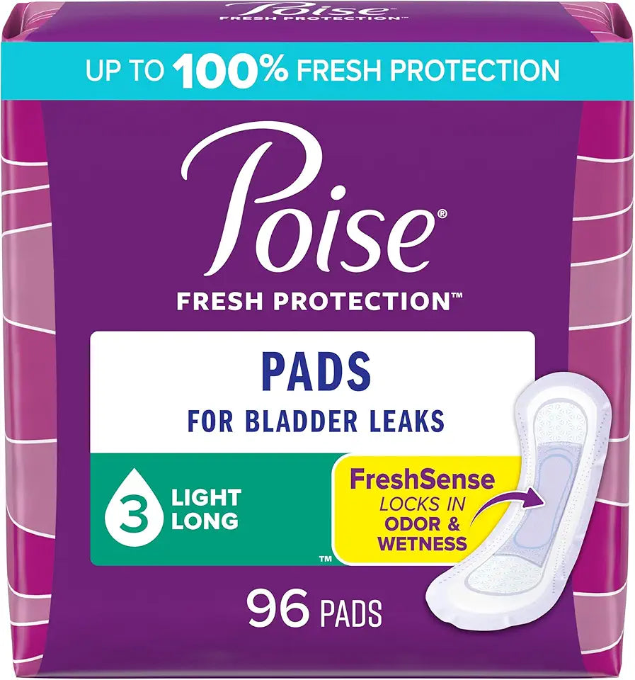 Incontinence Pads, 3 Drop Light Absorbency, Long Length, 96 Count B17073