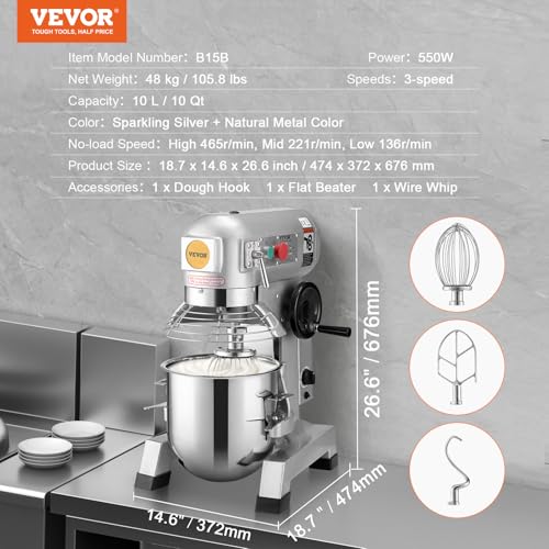 Commercial Food Mixer 10Qt Stainless Steel Bowl 450W 3 Speeds T49138