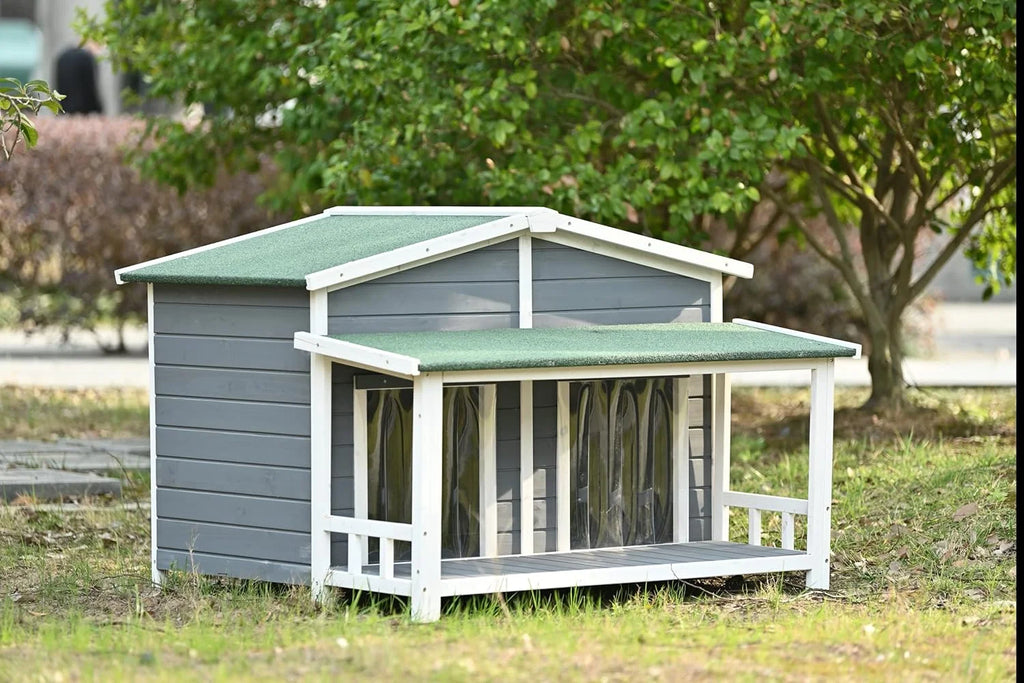 Gray Green Wooden Dog House with Porch 2 Doors I34092