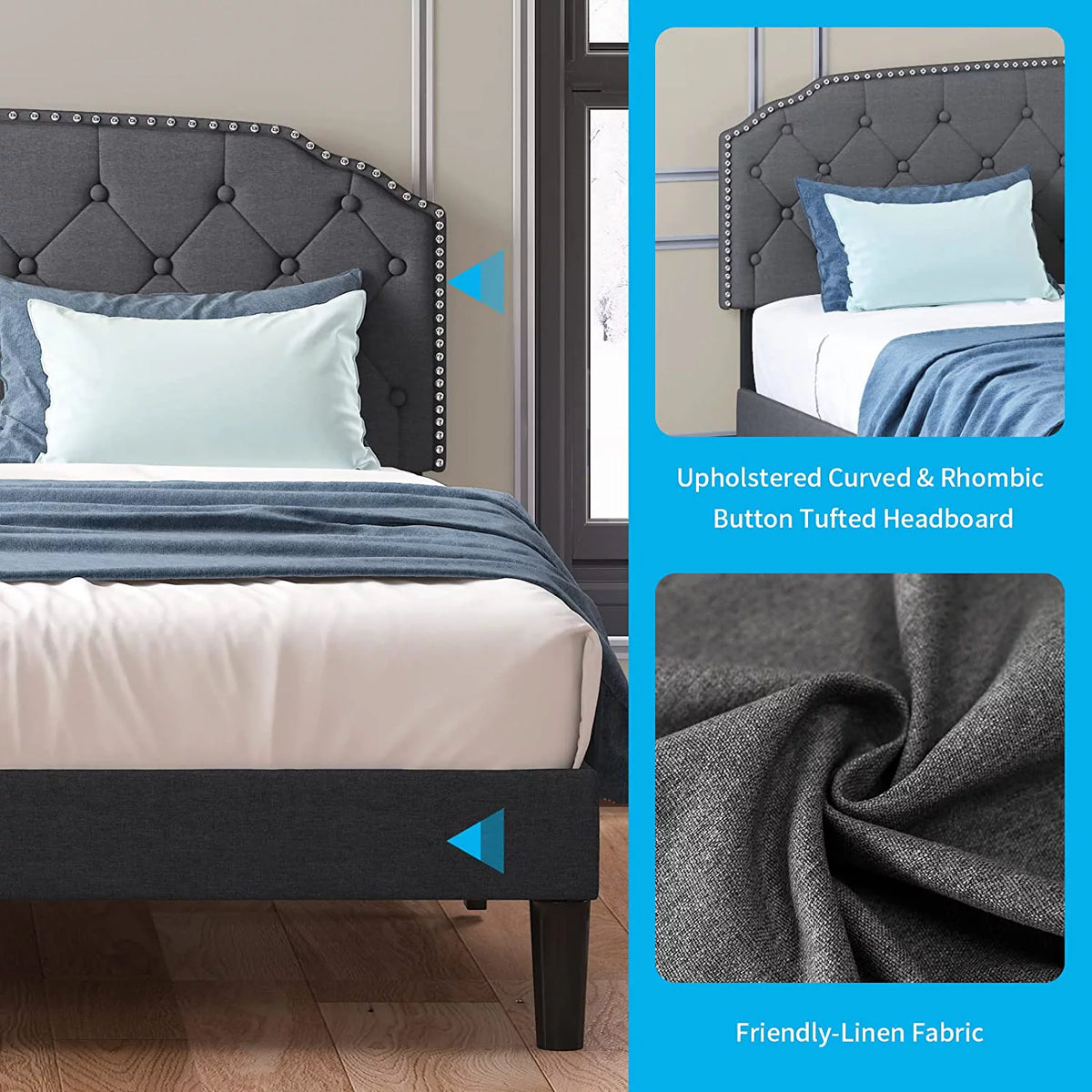 Queen Size Platform Bed Frame with Diamond Button Tufted Upholstered Headboard, Dark Grey D302109