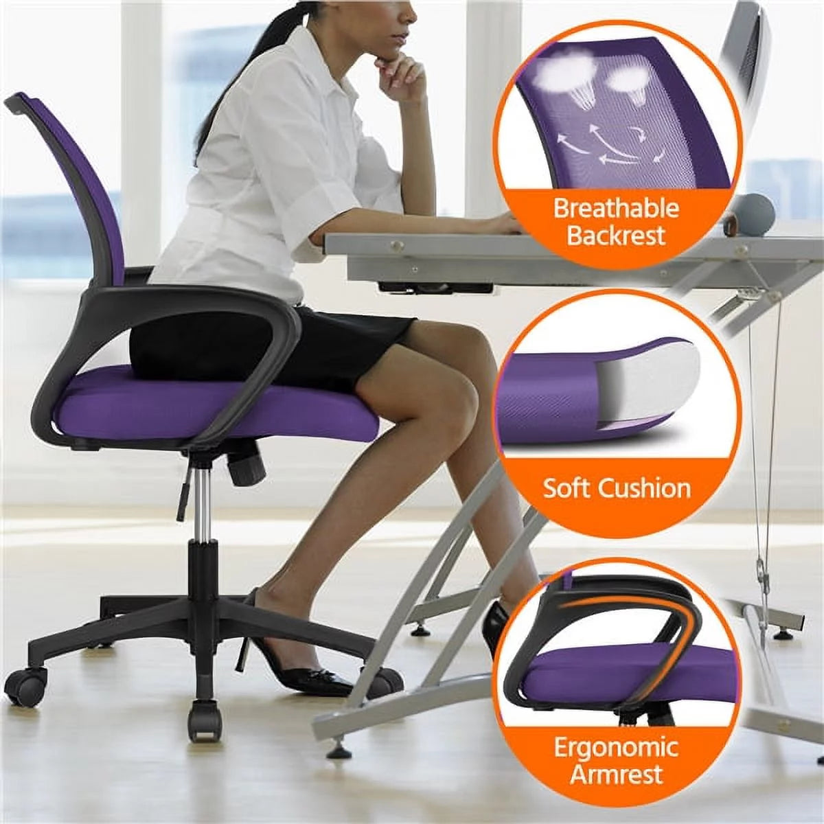 Purple Mesh Swivel Office Chair with Armrests J294753