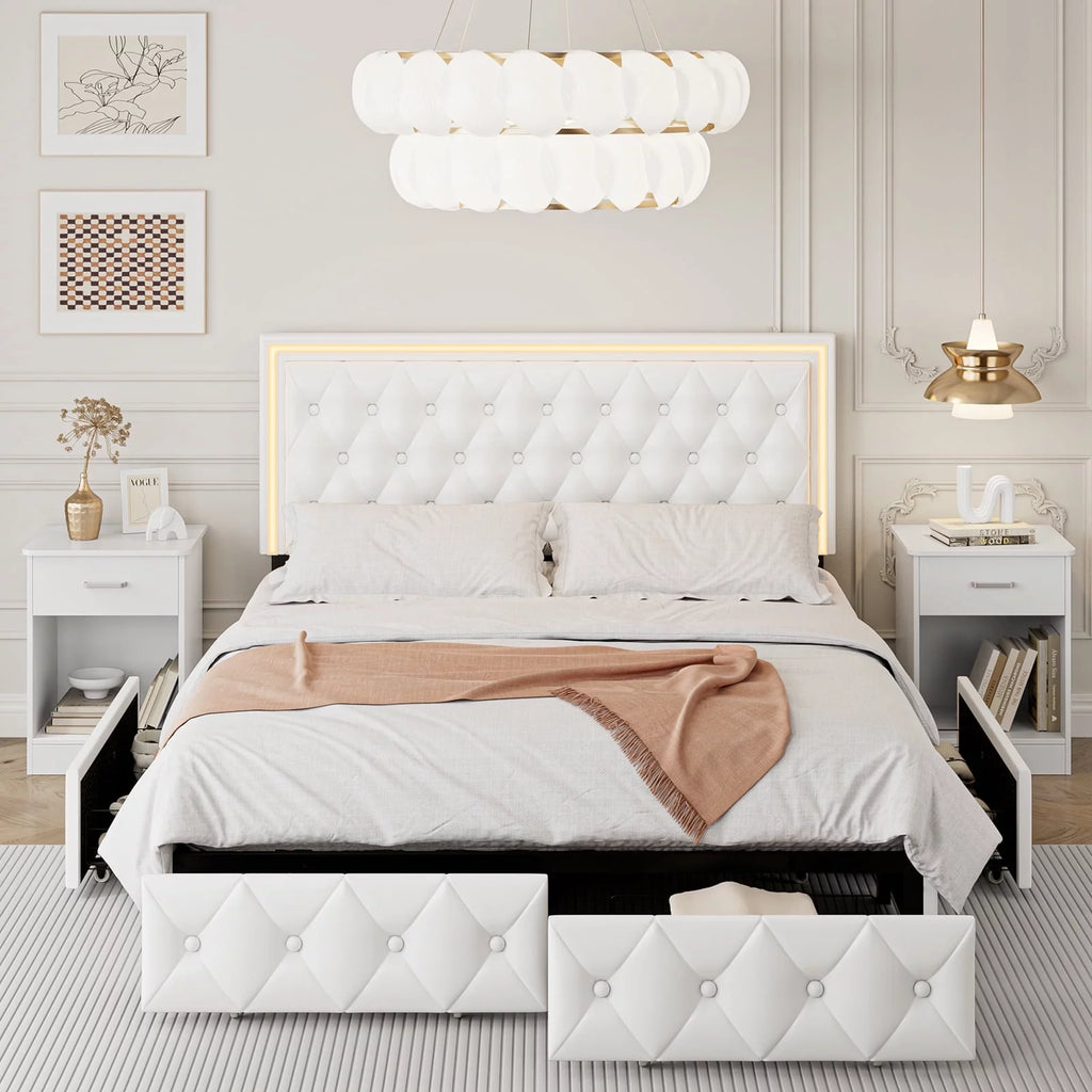 Queen LED Platform Bed Frame with 4 Storage Drawers V5747
