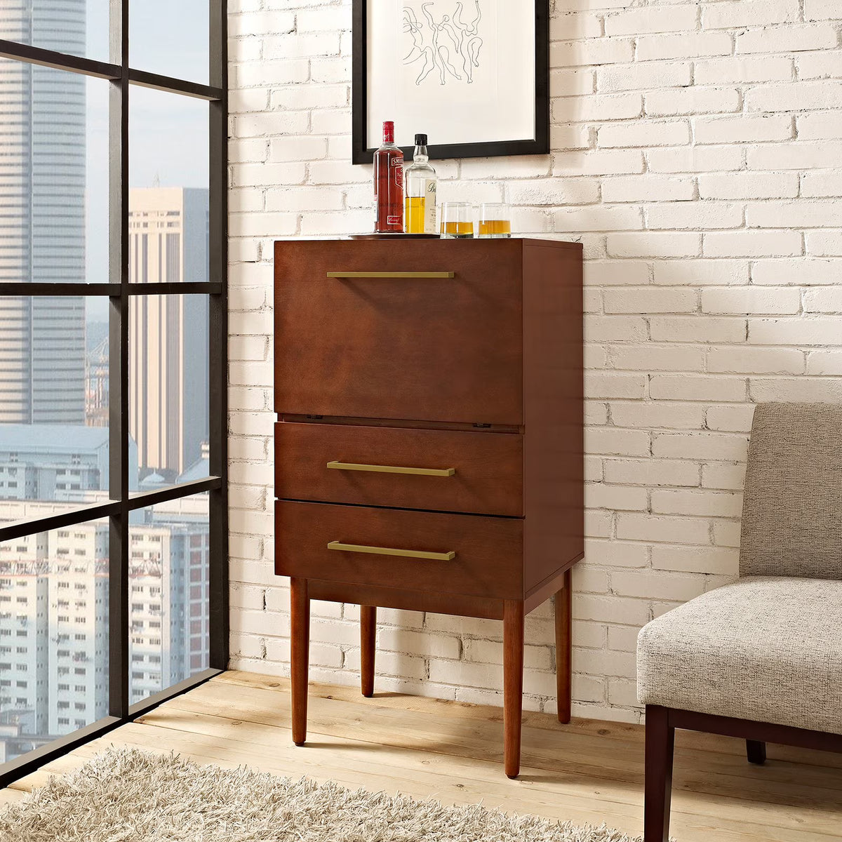2 Drawer Wood Bar Cabinet in Mahogany P22022