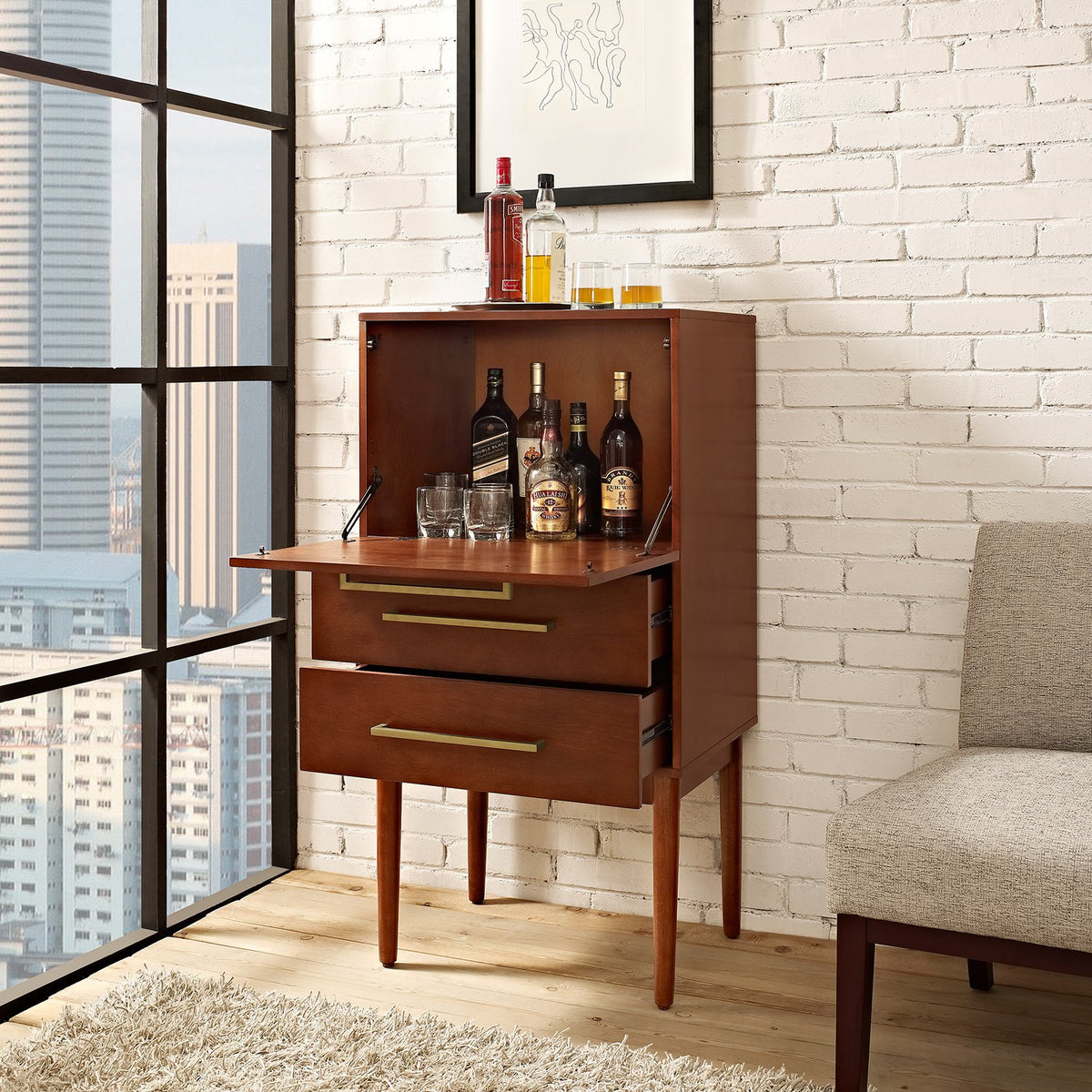 2 Drawer Wood Bar Cabinet in Mahogany P22022