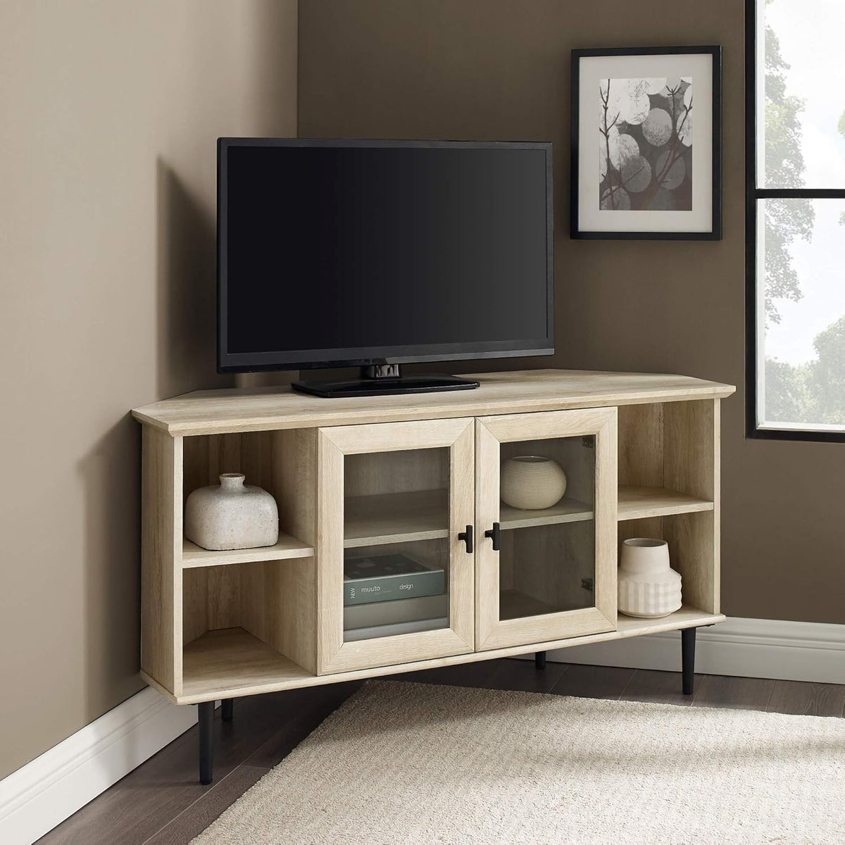 Slate Grey 58 Inch Wood and Glass TV Stand with 2 Cabinet Doors Y162