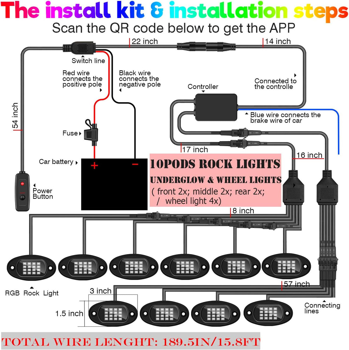 10-pods Trucks LED RGB Neon Underglow Rock Lights Kit, Dual-Zone, 160LEDs, 2-in-1 Line, Waterproof 12V, Pack of 2 E1590