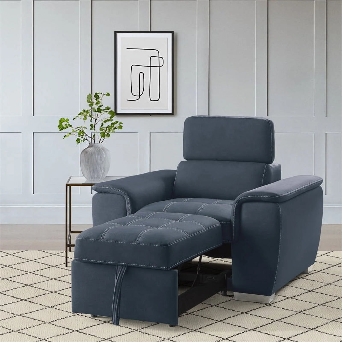 Blue Microfiber Accent Chair with Pull Out Ottoman K123221