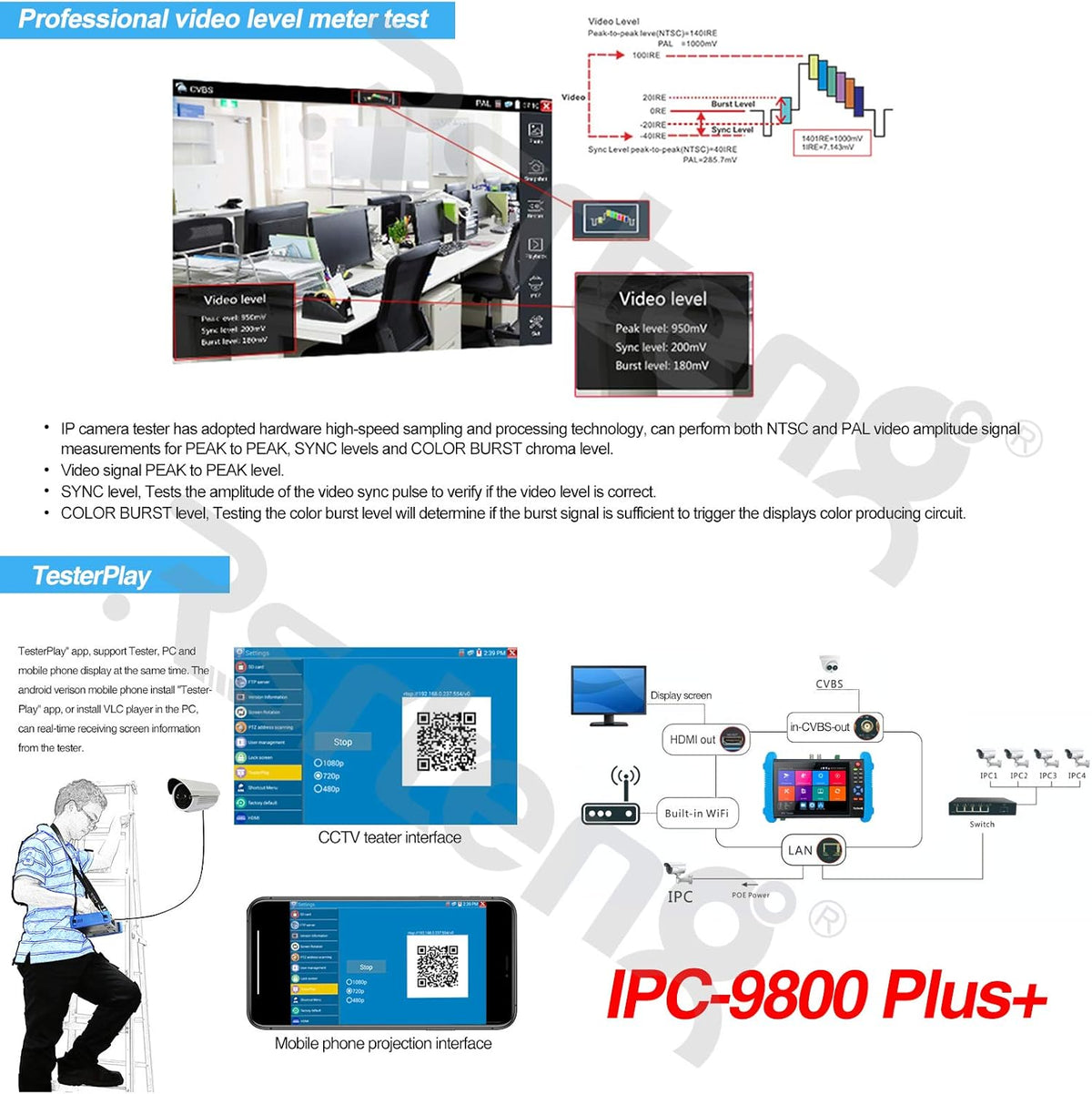 4K IP Camera Tester 7inch IPS Touch Screen POE WiFi HDMI IPC Tester S53739
