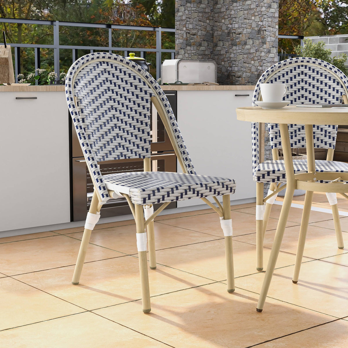 Natural Tone Patio Bistro Chairs (Set of 2) - Blue & White X385