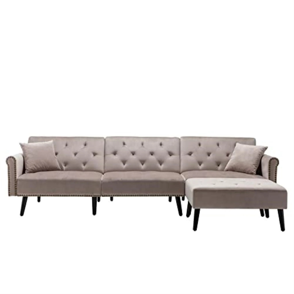 Silver Gray Velvet Sofa Bed with Ottoman and 2 Accent Pillows M799