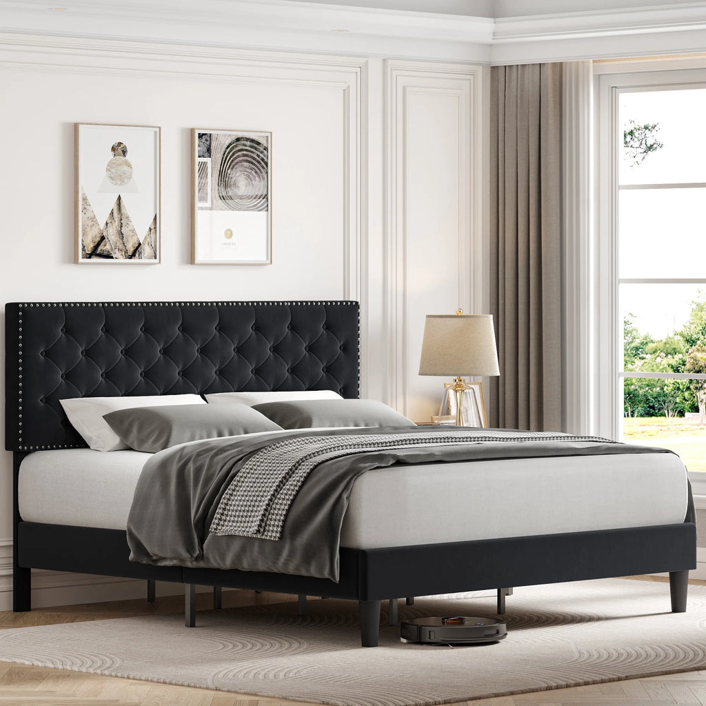King Size Upholstered Platform Bed with Adjustable Headboard W731
