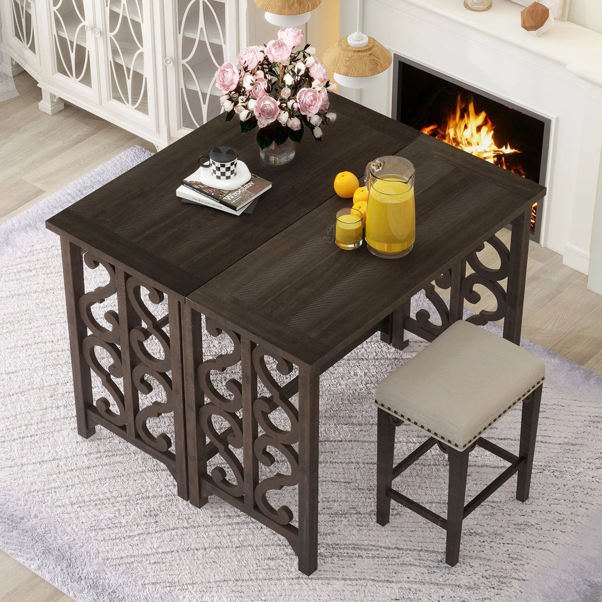 3-Piece Solid Wood Counter Height Dining Set with 2 Saddle Stools V24506