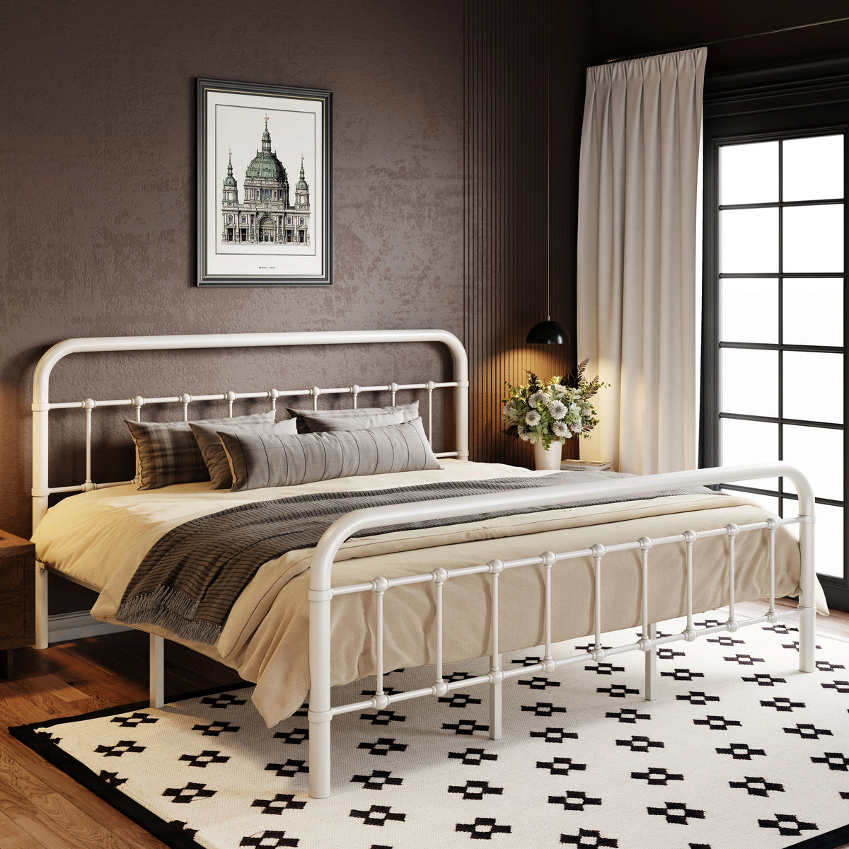 Queen Size Black Metal Platform Bed Frame with Headboard Y932803