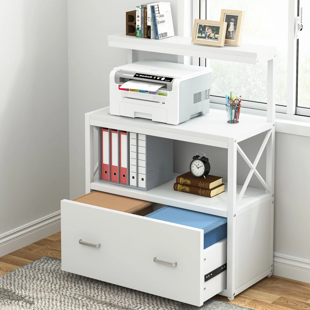 White Modern File Cabinet with Drawer and 2 Shelves B39927