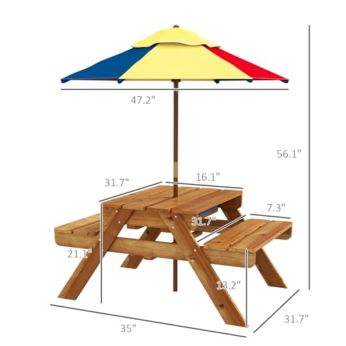 Kids Picnic Table with Foldable Umbrella, 3 in 1 Sand and Water Activity Table Y215