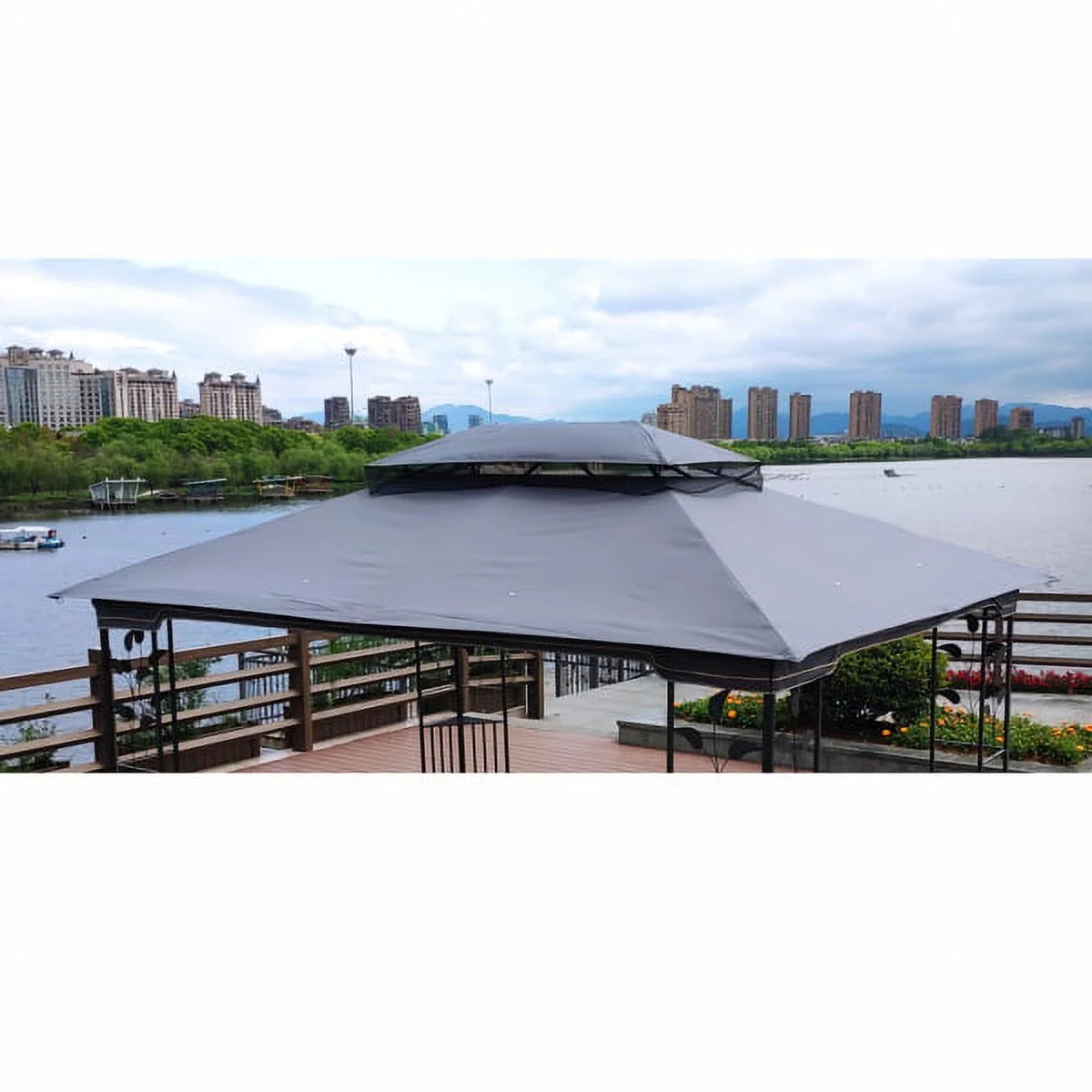 Gray Patio Double Roof Gazebo Replacement Canopy Top Fabric R827