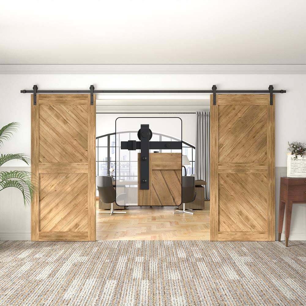 Sliding Barn Door Hardware Kit for Double Doors Black 12ft 2 Track F701292