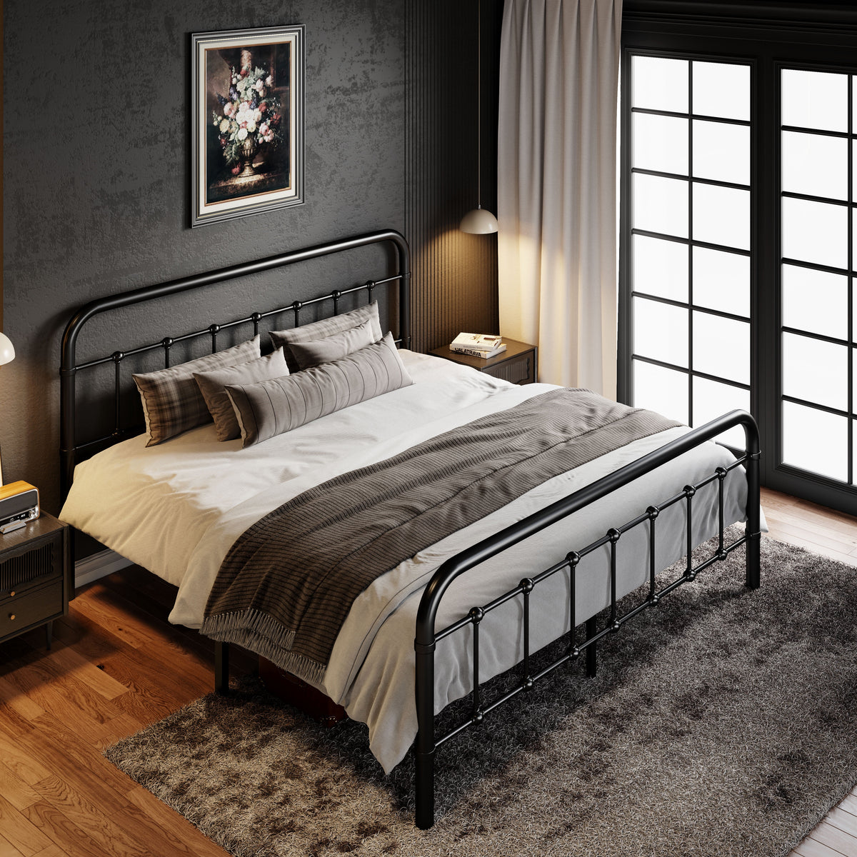 Queen Size Black Metal Platform Bed Frame with Headboard Y932803