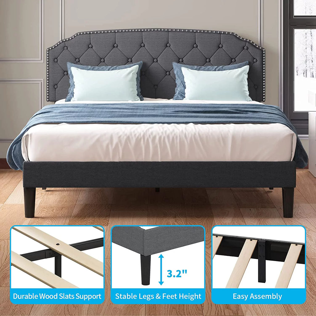 Queen Size Platform Bed Frame with Diamond Button Tufted Upholstered Headboard, Dark Grey D302109