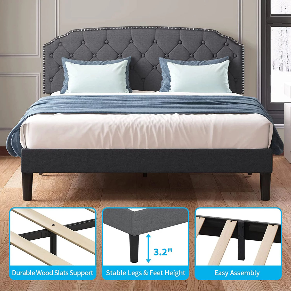 Queen Size Platform Bed Frame with Diamond Button Tufted Upholstered Headboard, Dark Grey D302109