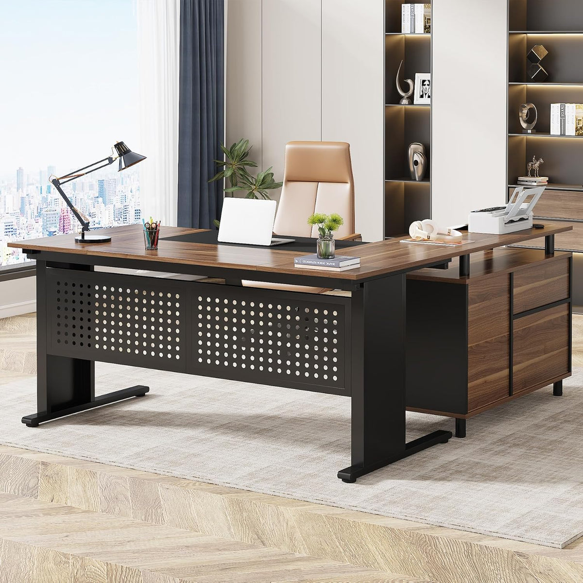 Brown and Black 63 Inch L Shaped Computer Desk with File Cabinet P831055