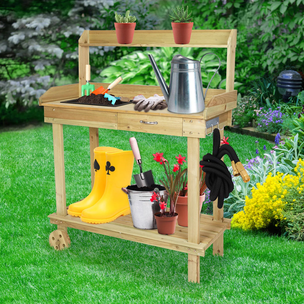 Wooden Potting Bench Table with Wheels and Drawer B651712