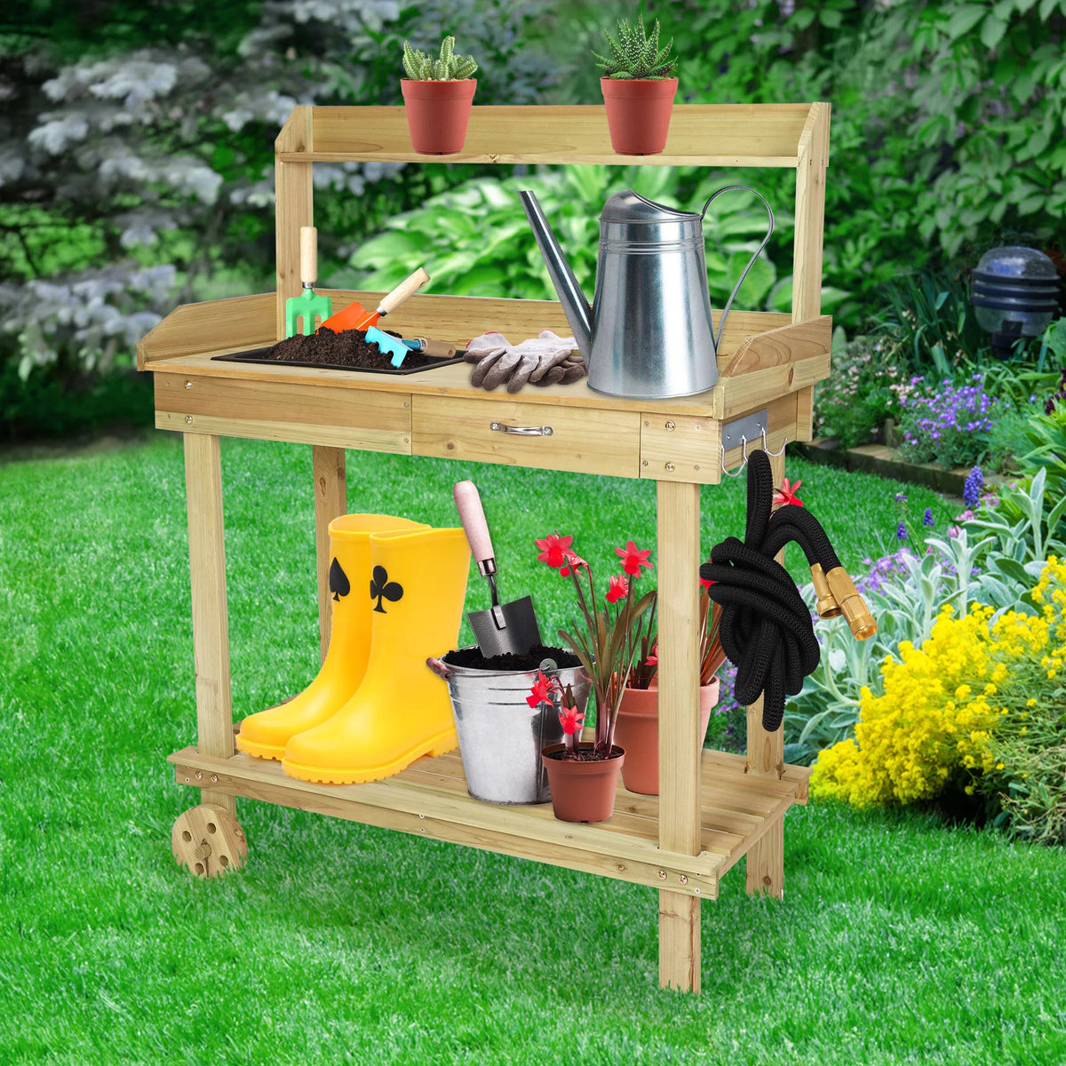 Wooden Potting Bench Table with Wheels and Drawer B651712