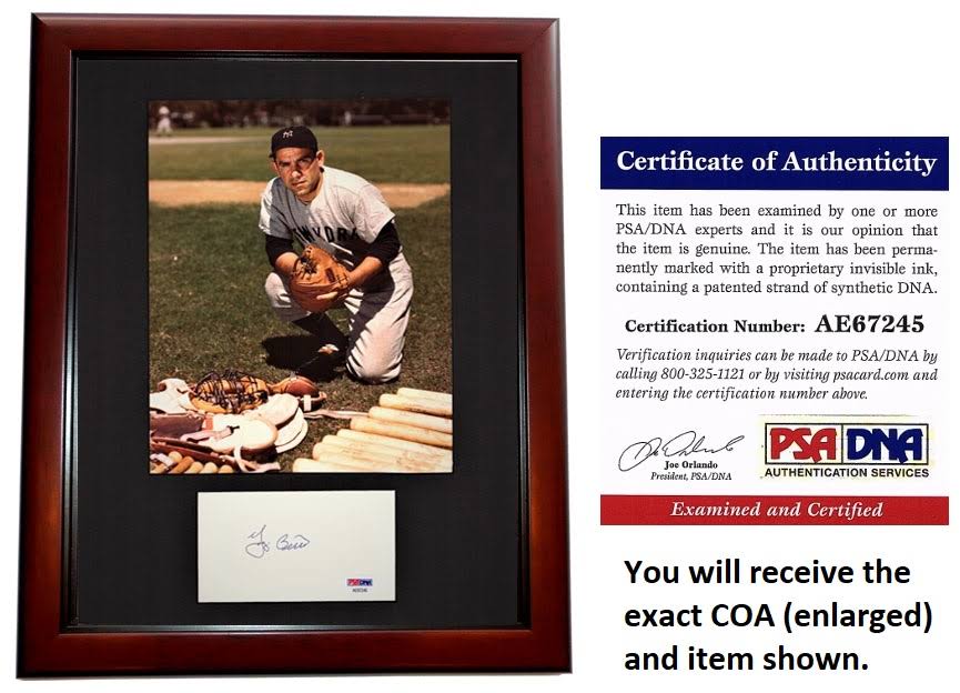 Yogi Berra Signed Autograph New York Yankees Index Card Matted with Photo - Mahogany Fram R719