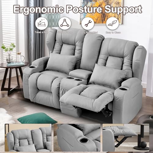 Beige Manual Reclining Loveseat Sofa with Console and Cup Holders T280852