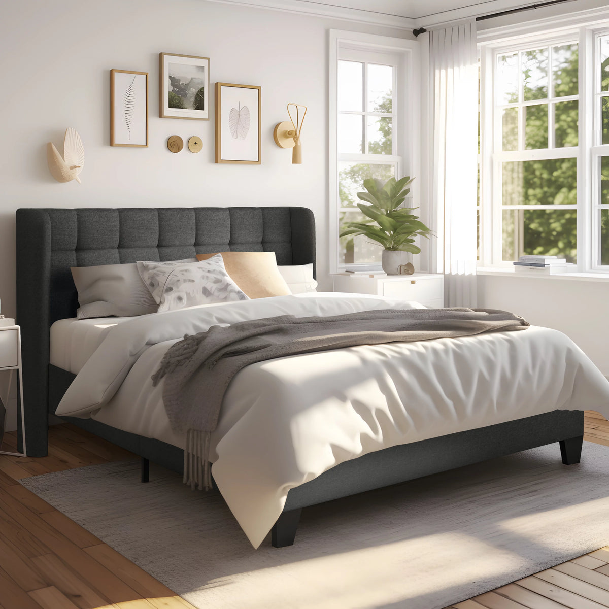 Queen Size Wingback Fabric Upholstered Platform Bed Frame G360152