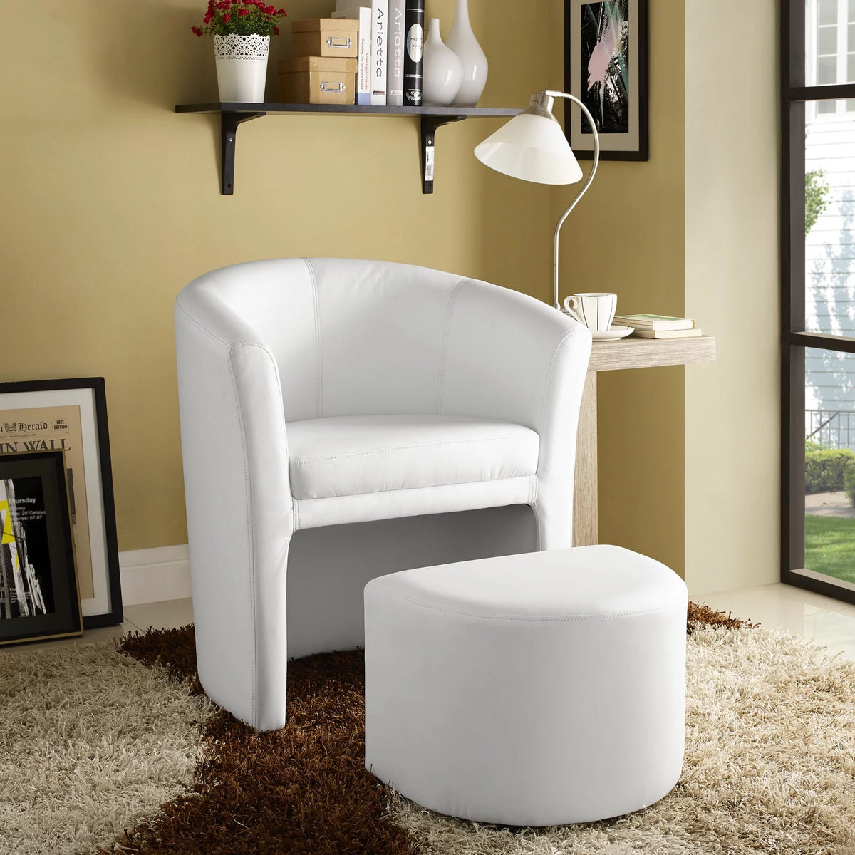 White Faux Leather Armchair and Ottoman F7169