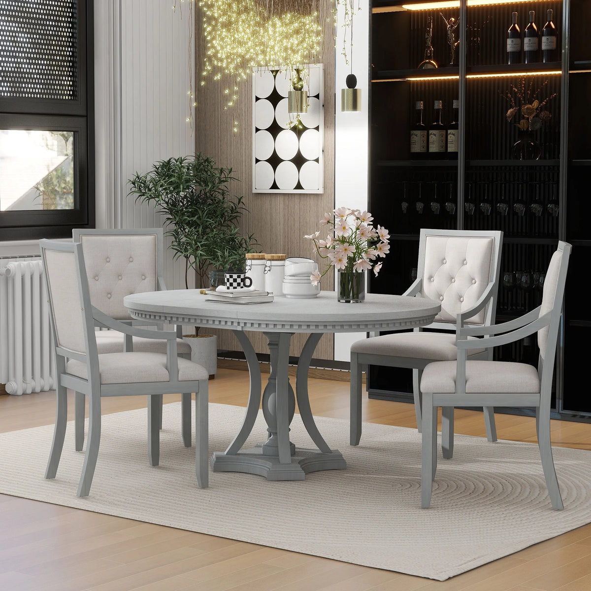 5 Piece Gray Wood Dining Table Set with 4 Upholstered Chairs E30339