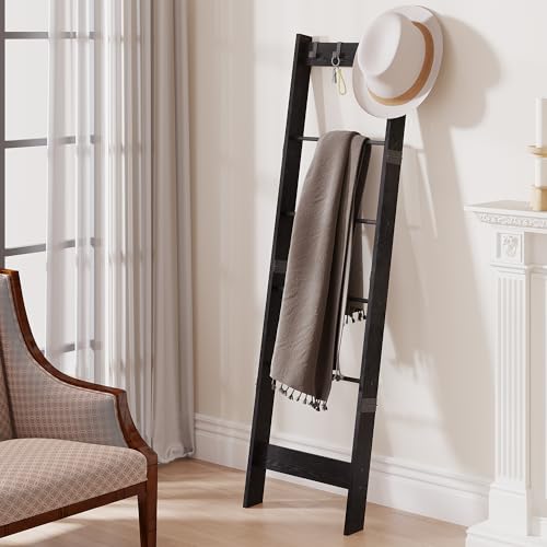 6 Tier Blanket Ladder Shelf with 4 Metal Hooks, Rustic Brown D515
