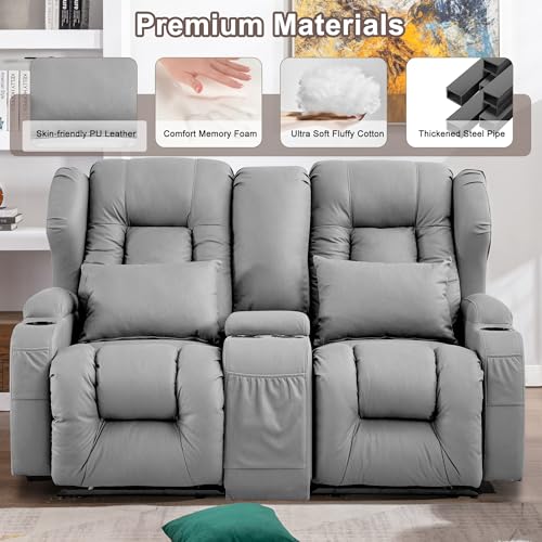 Beige Manual Reclining Loveseat Sofa with Console and Cup Holders T280852