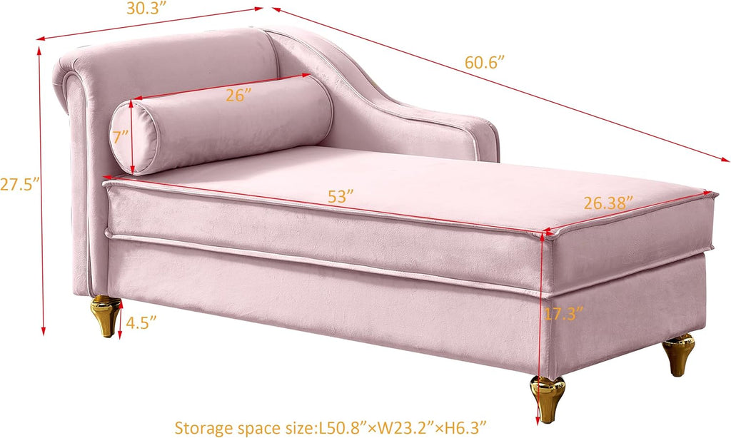 Pink Velvet Chaise Lounge Sofa Bed with Storage U646