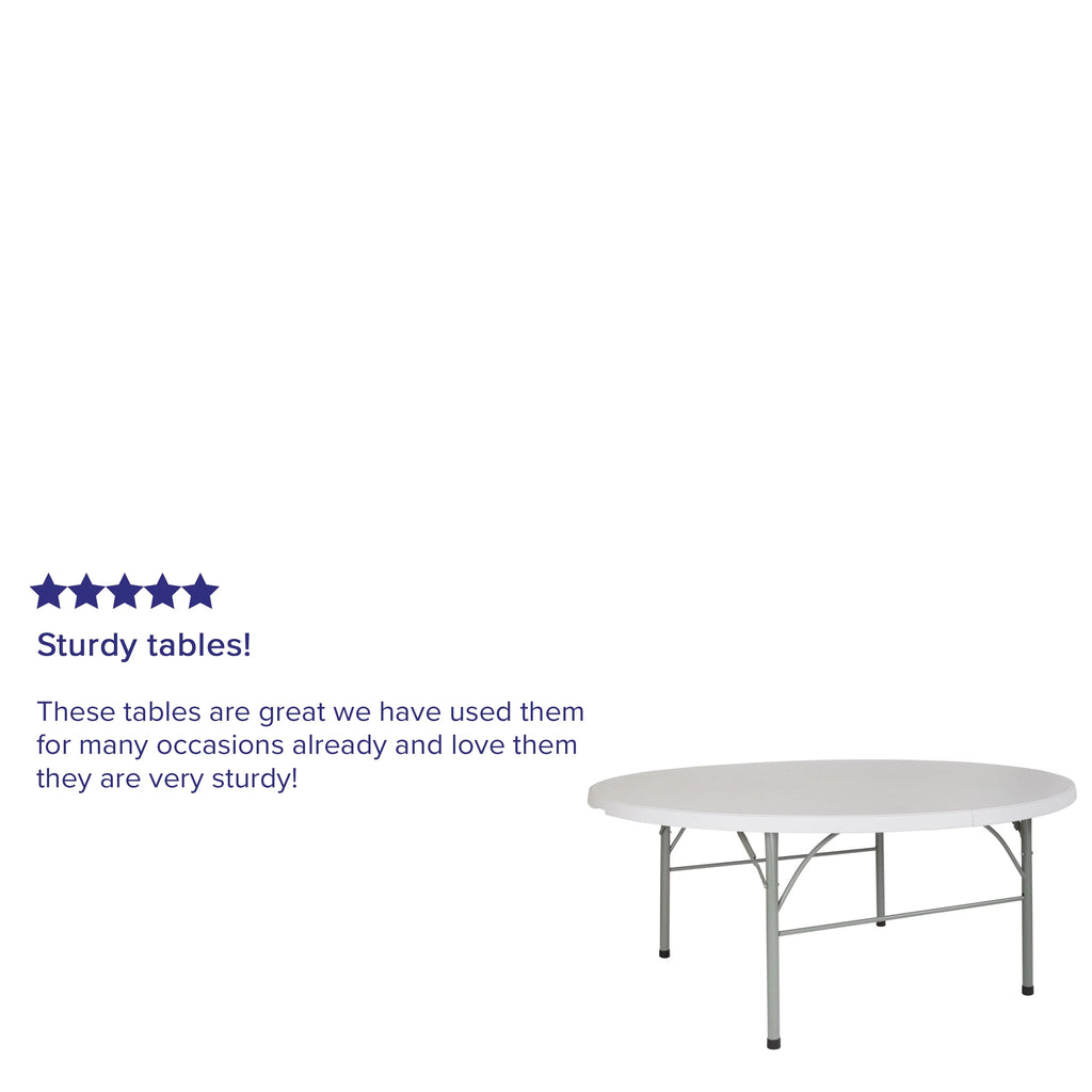 6-Foot Round Bi-Fold White Plastic Folding Table with Carrying Handle A229