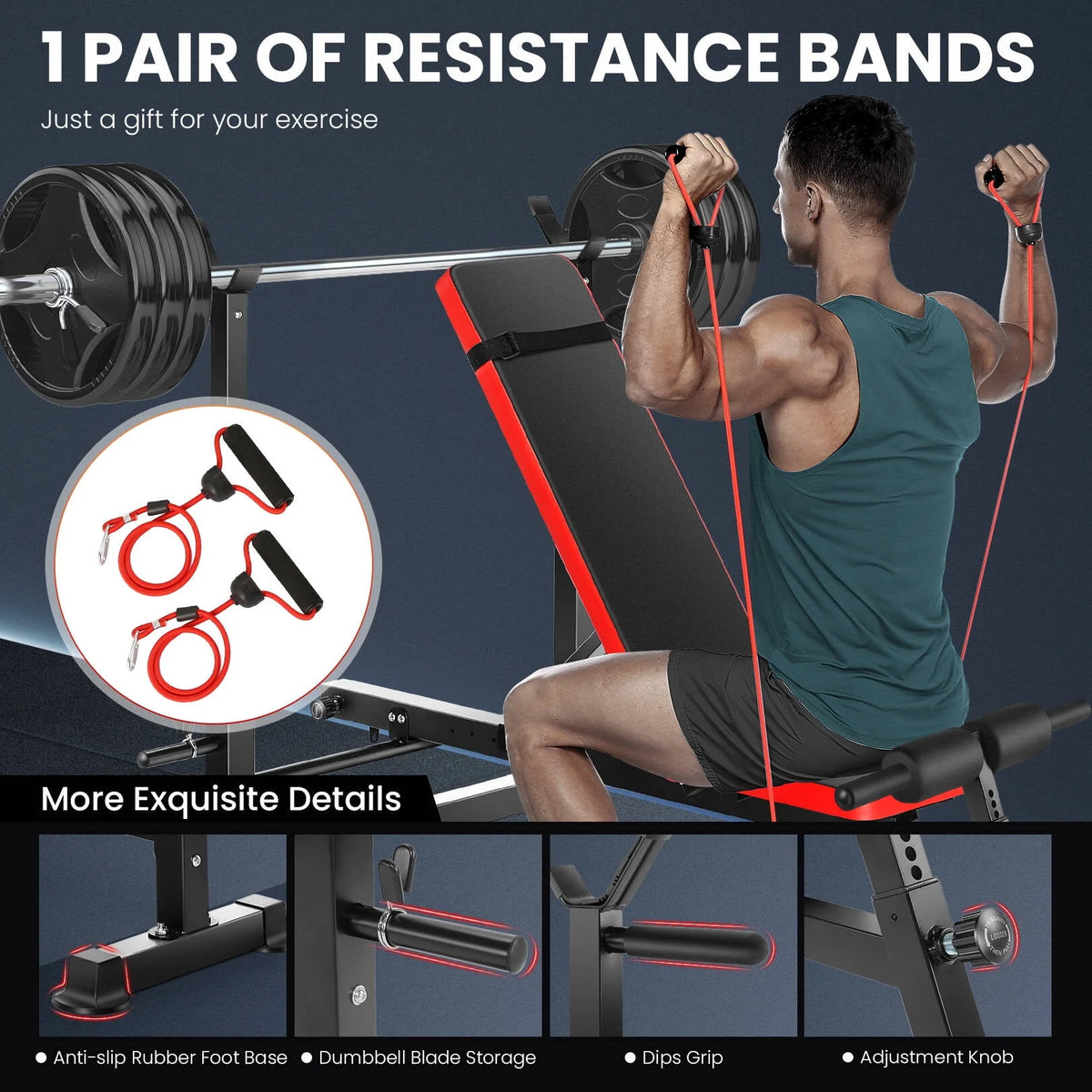 Adjustable Weight Bench Set with Barbell Rack and Resistance Bands B926887