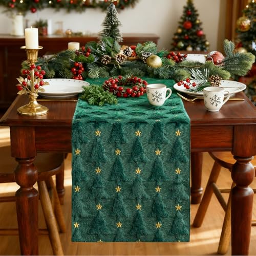 Christmas Table Runner Green Soft Plush Faux Fur Jacquard 13x72 Inch P613