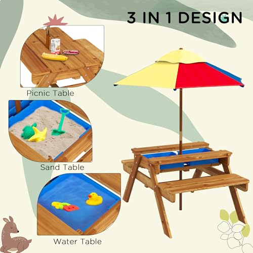 Kids Picnic Table with Foldable Umbrella, 3 in 1 Sand and Water Activity Table Y215