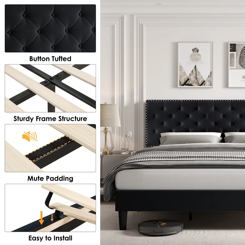 King Size Upholstered Platform Bed with Adjustable Headboard W731